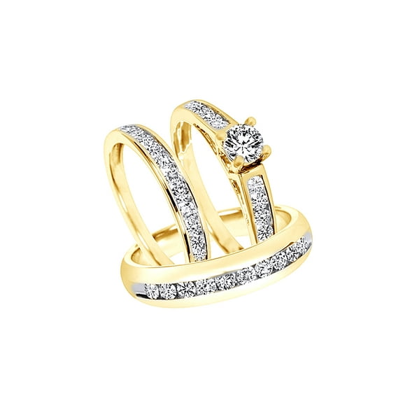 AFFY White Natural Diamond Wedding & Engagement Trio Bridal Ring Set In 10k Yellow Gold (1.5 Cttw)