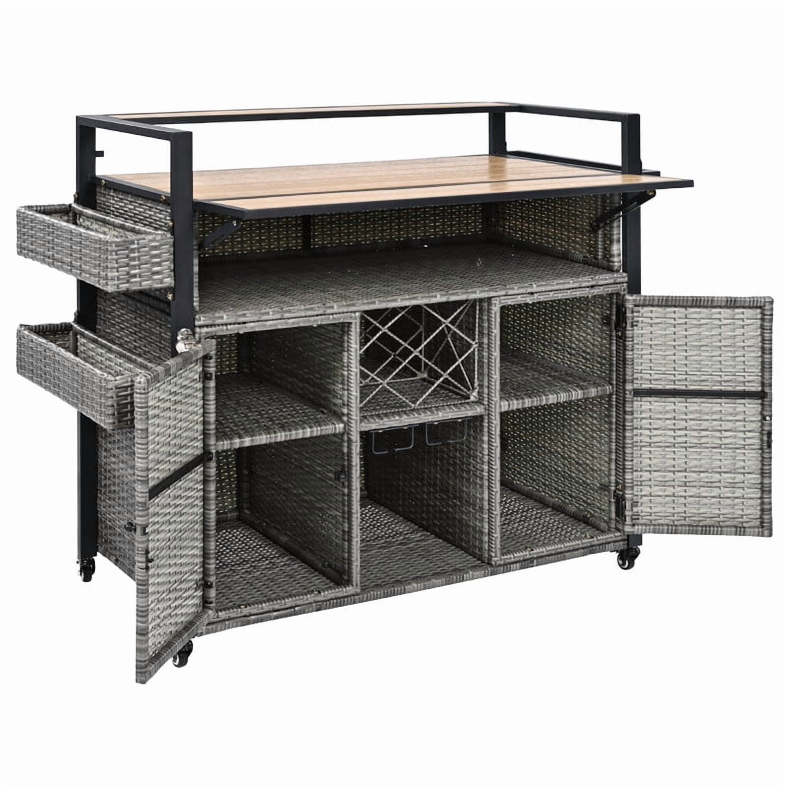 Outdoor Kitchen Island with Extended Plastic Wood Table Top, Wicker Outdoor Grill Cart with Storage Cabinet and Wine Rack for Patio Backyard