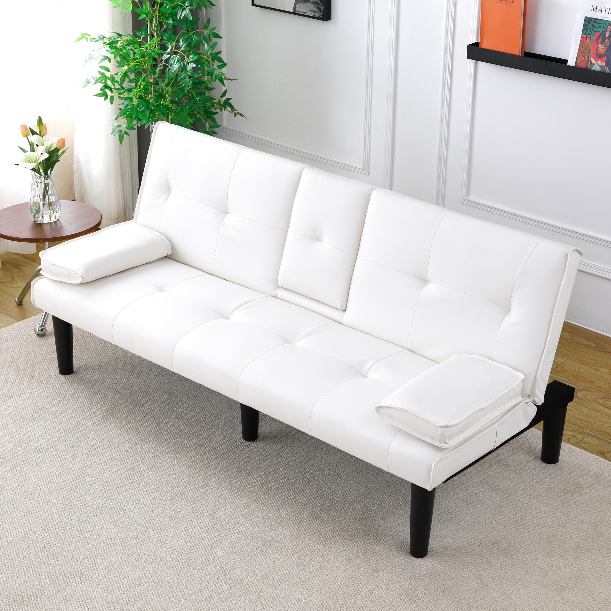 67 inch Futon Sofa Bed Faux Leather Couch Modern Convertible Folding Recliner with 2 Cup Holders for Living Room,Bedroom,White