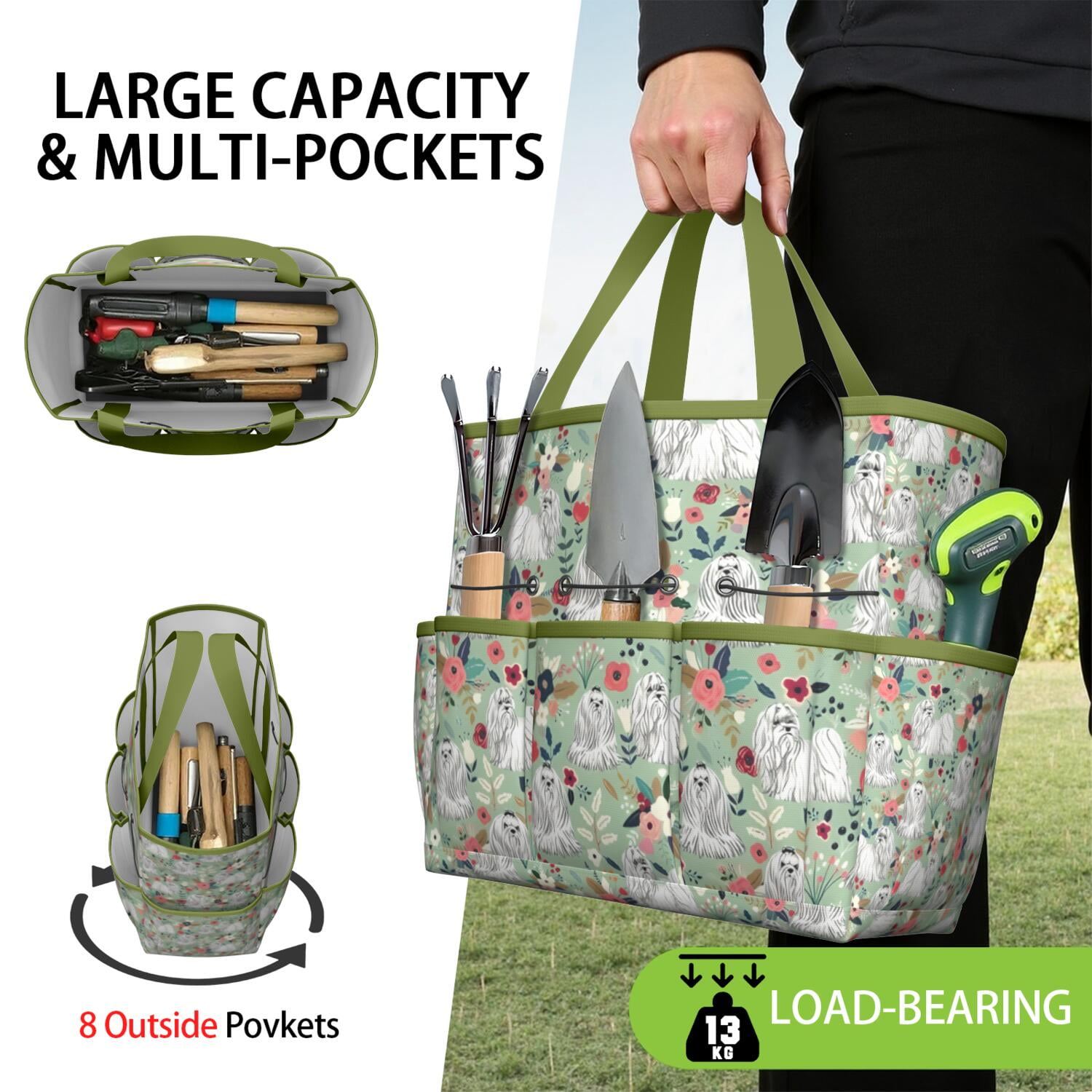 Garden Tool Bag,Maltese Dog and Flower Floral Garden Tool Organizer,Garden Gifts,Waterproof Multi-Pocket Garden Tool Storage 11.8x5.5x11.4 Inch(Tools NOT Included)
