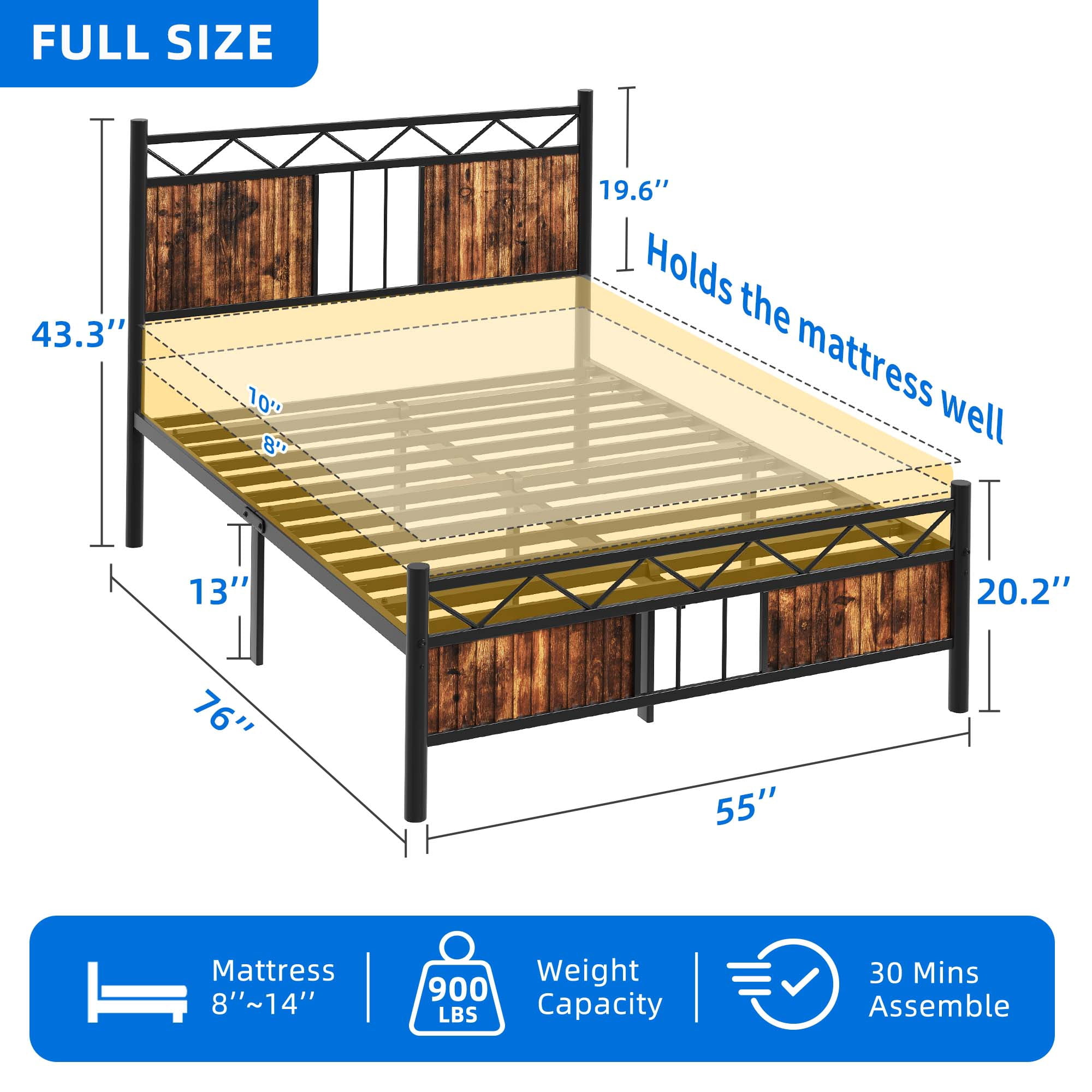 DEXTRUS Industrial Full Size Platform Metal Bed Frame with Headboard & Soundproof, Black and Brown