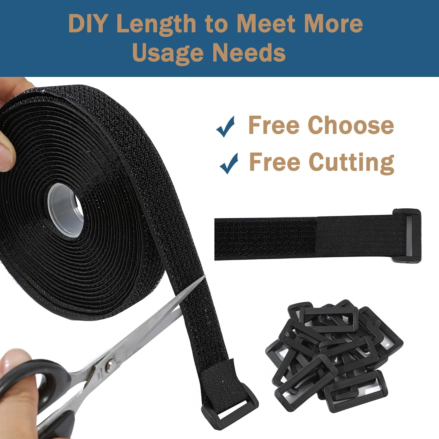 FEFEFW-2"x16ft Hook and Loop Cable Securing Straps with 15 Buckles, Free Cut Length | Adjustable | Reusable Fastening Cable Ties, 2 Inch Wide Cinch Strap for Wire, Cord Wraps, Cable Management- Black