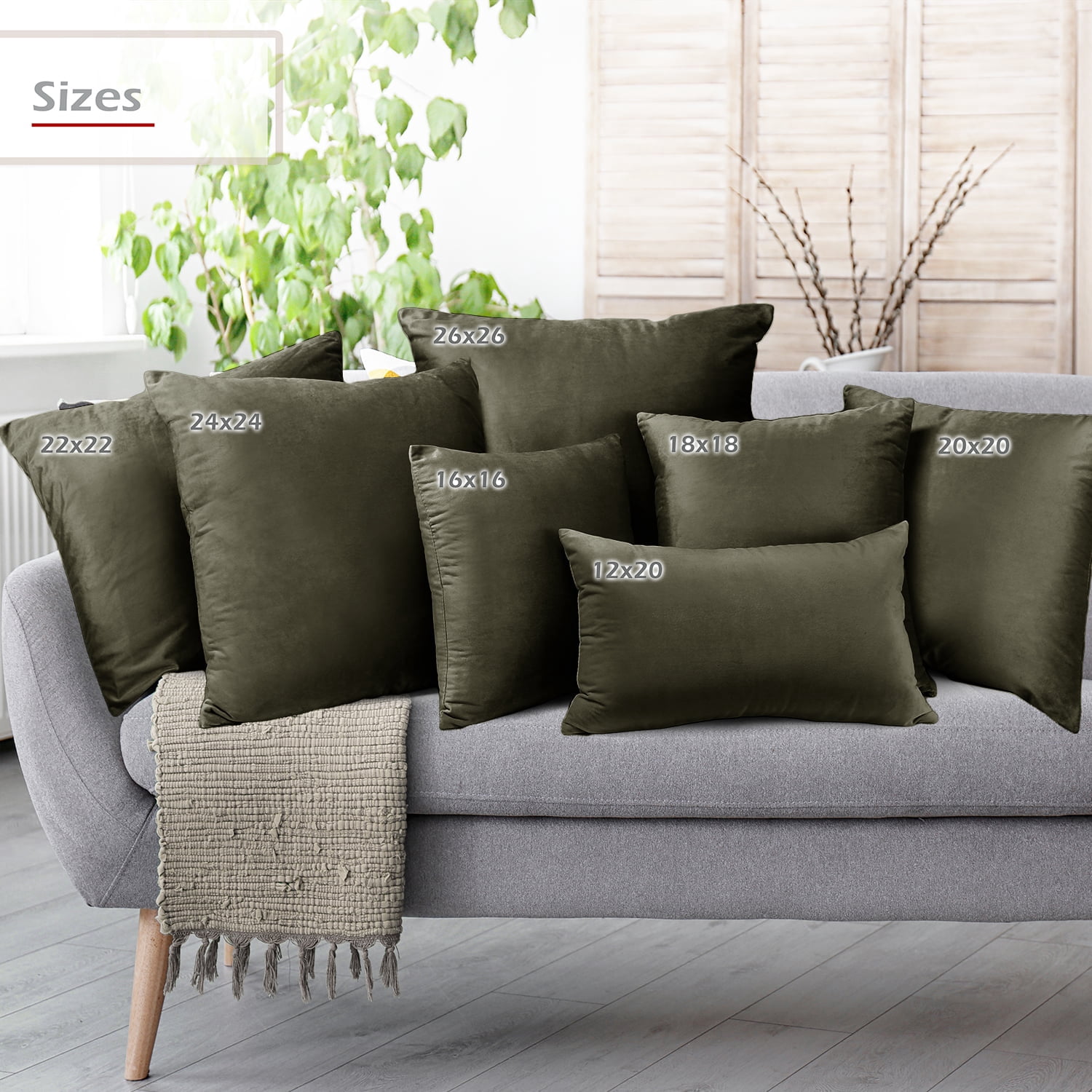 Clara Clark Plush Solid Decorative Microfiber Square Throw Pillow Cover with Throw Pillow Insert for Couch, Khaki, 28"x28"", 4 Piece Decorative Soft Throw Pillow Set