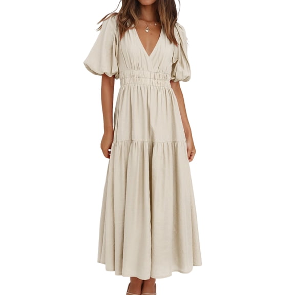 Delconic Women’s Short Sleeve V Neck Maxi Dress with Elastic Waist and Puff Sleeves for Casual and Daily Wear Beige L