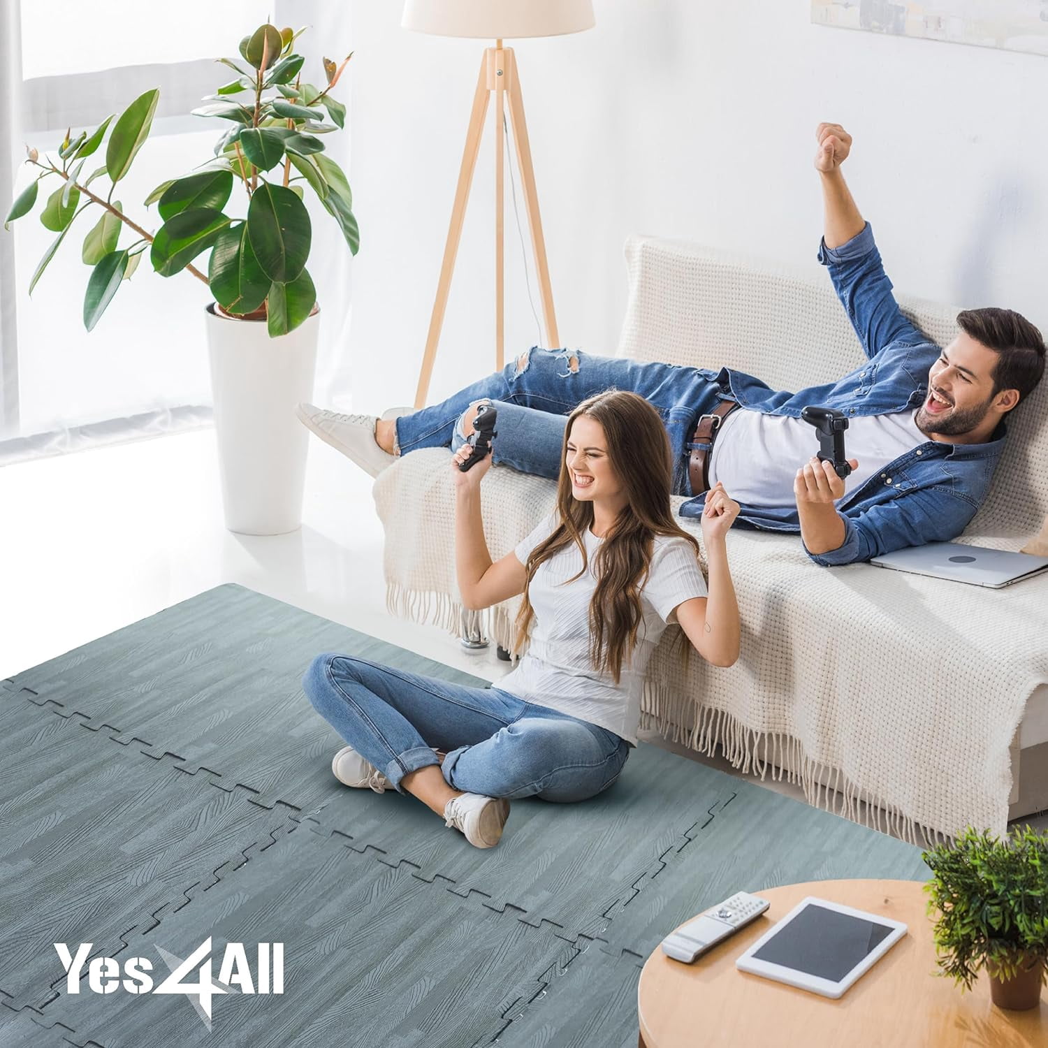 Yes4All 12 pcs Interlocking Exercise Foam Mats, Cover 48 SQFT, 7/16 inch, Carbon Color