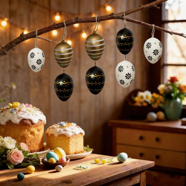 Paquete de 12 colgantes de huevos de Pascua | Huevos de plástico negros y dorados de 6 cm | Decoraciones multicolores duraderas | Rellenos reutilizables para cestas de Pascua | Artículos para