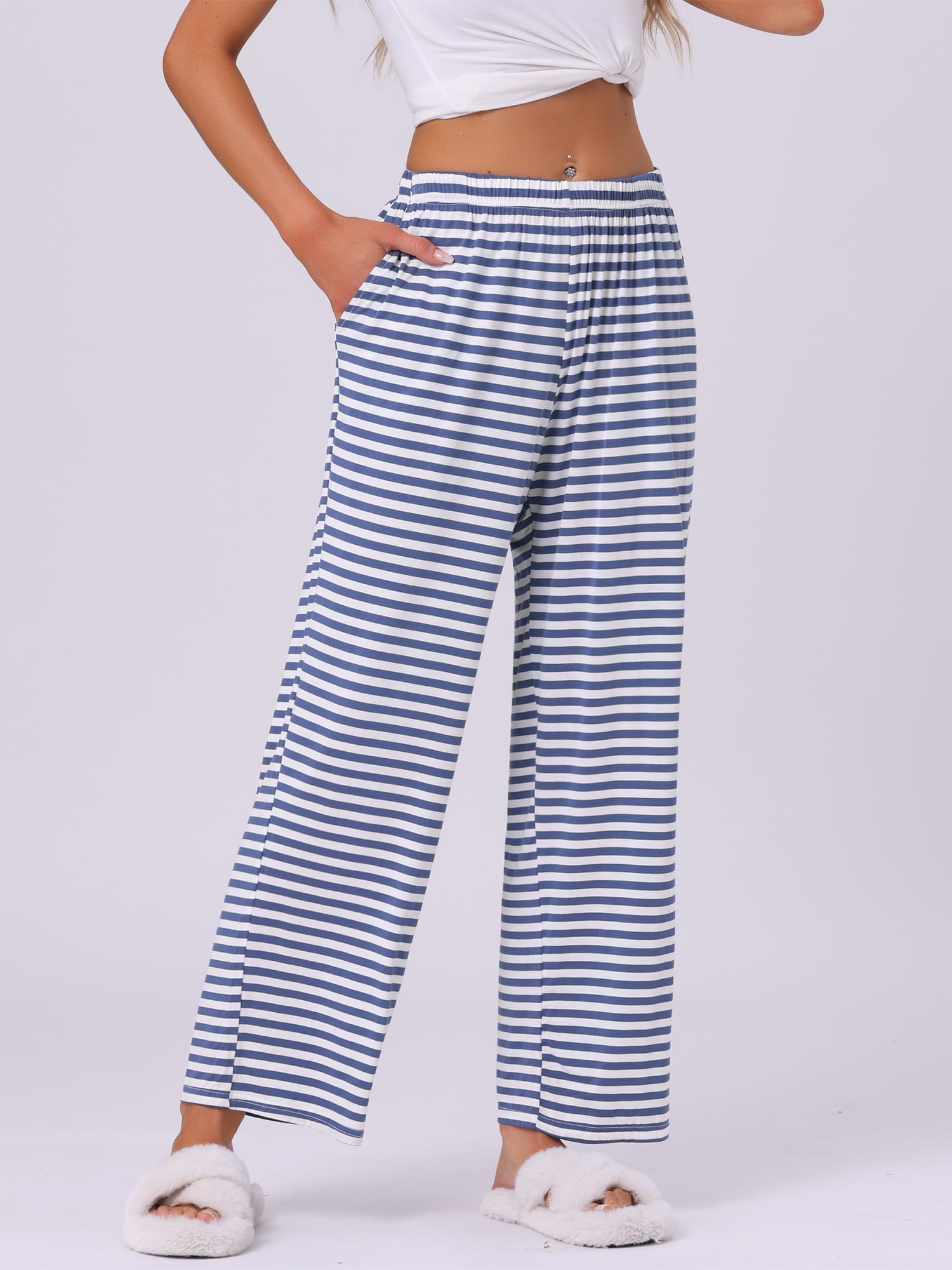 DARING DIVA Women's Flowy Cotton Wide Leg Lounge Pants 2XL Black Stripe