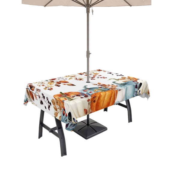Outdoor Tablecloth with Umbrella Hole and Zipper, Fall Pumpkins Rectangle Table Cloth 60x120 Inch Waterproof Tablecloth, Botanical Thanksgiving Orange Blue Picnic Table Cover for Patio Camping