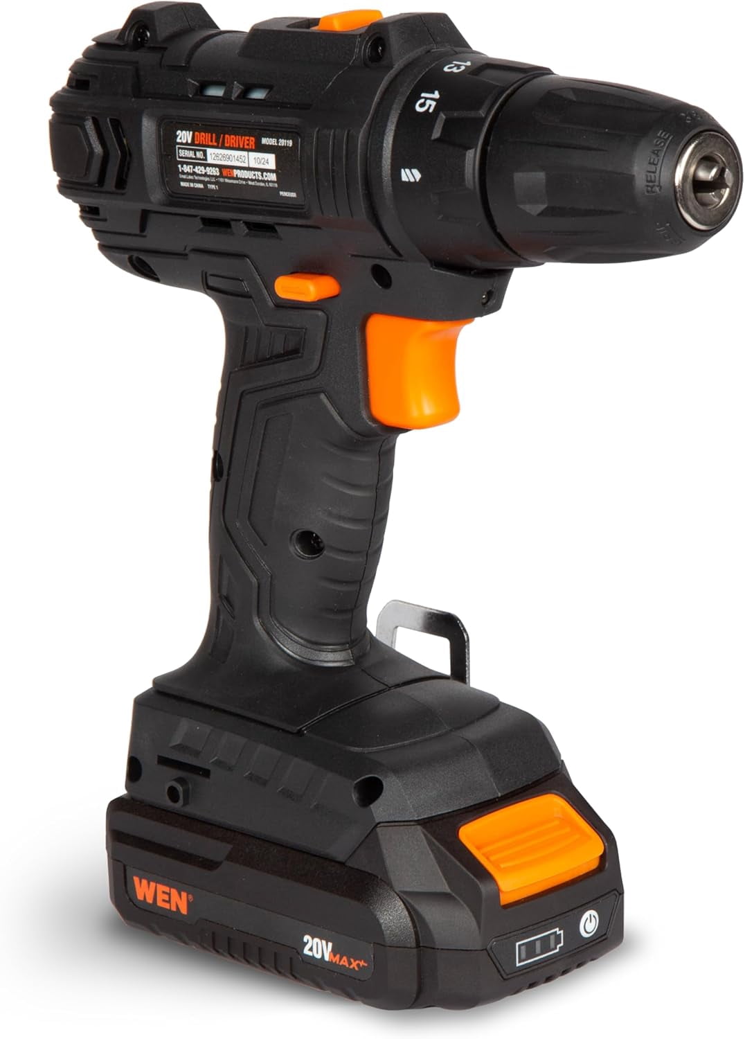 WEN 20V Max Cordless 3/8-Inch Drill/Driver with 2.0 Ah Lithium-Ion Battery and Charger (20119)