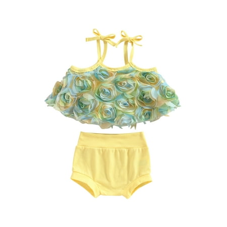 

Baby Girls Summer Outfit Infant Sleeveless Rose Floral Top Mesh Sling Vest and Casual Shorts 2Pcs