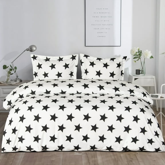 Flxxie Ultra Soft and Breathable Microfiber Duvet Cover Set with Hidden Zipper Closure and Corner Ties, Black Star Print, Twin, 68x90 inches, 2 Pieces