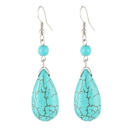 Turquoise Dangling Hook Earrings - Unique Bargains Pair Waterdrop Turquoise Pendant Dangling Hook Earrings for Lady