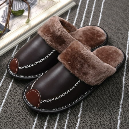 

CoCopeaunt Winter Fur Women Home Slippers Large Size PU Leather Warm Plush Couples Bedroom Shoes Non-slip Men Furry Slippers Female Slides