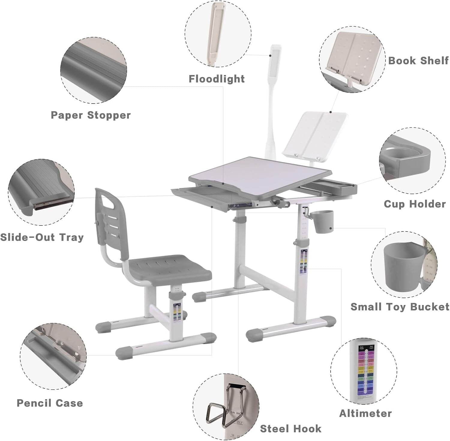 Kids Furniture Desk for Kids Desk and Chair Set Kids Art Desk Drafting Table Desk Set with Adjustable Height, 40-Degree Tiltable Children Desktop, LED Light, Bookstand, Gray,Baby Nursery Furniture