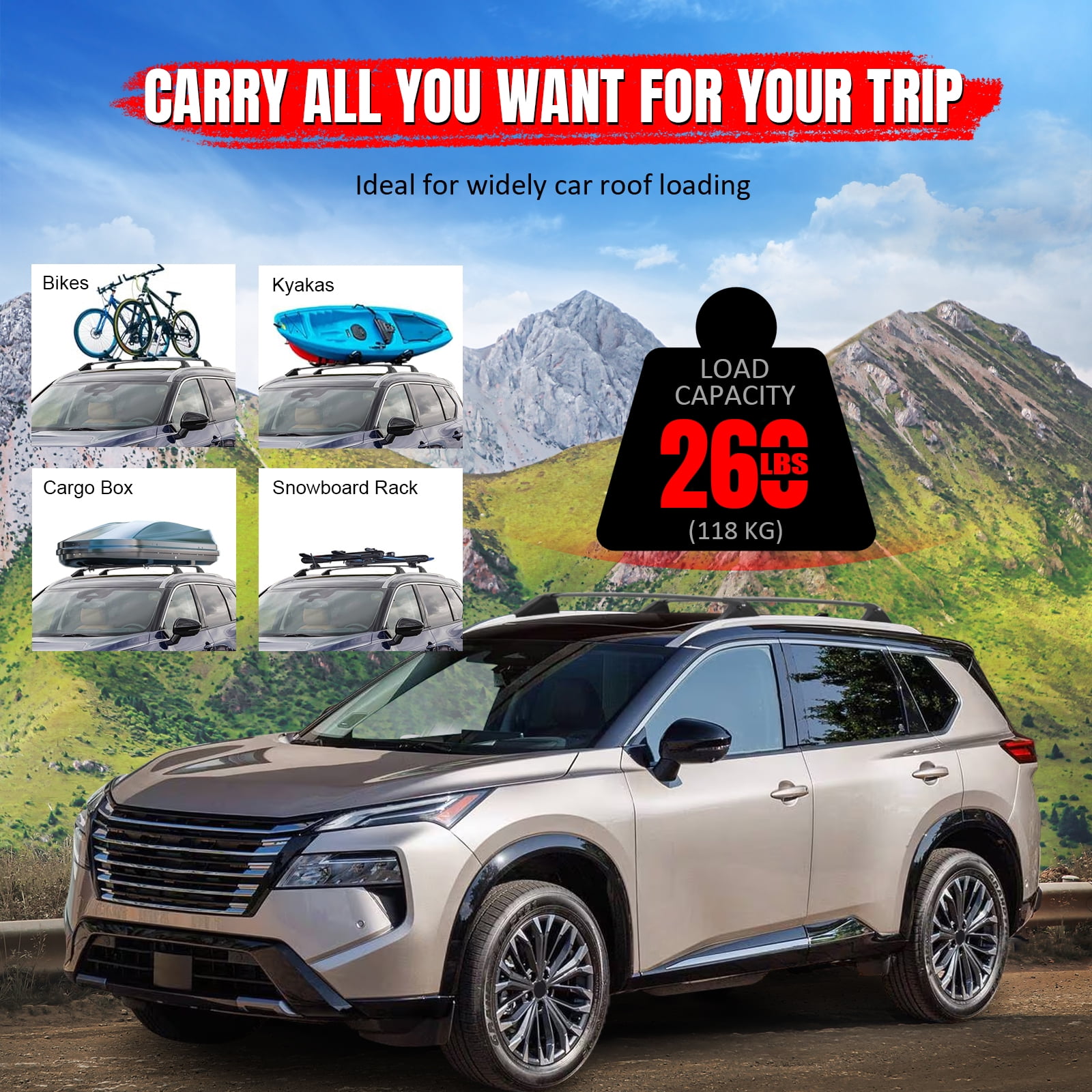 Ikon Motorsports Cross Bars w/ Lock Compatible With 2021-2026 Nissan Rogue Black Aluminum Lockable Top Roof Rack Crossbar Cargo Luggage Carrier 2PCS