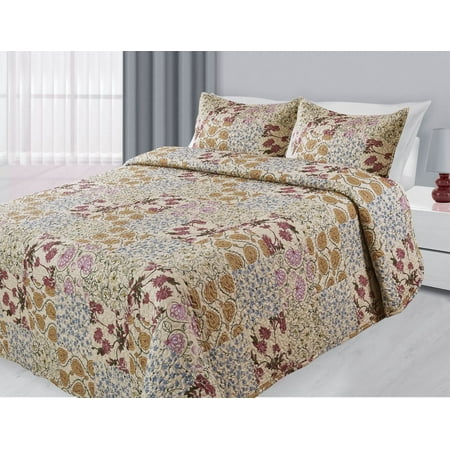 3-Piece Reversible Quilted Printed Bedspread Coverlet Beige Patchwork Flowers - Full