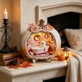 thumbnail image 5 of Halloween Ghost Pumpkin Mini House Light, Illuminated Wooden Miniature Scene Ornament with Cute Spirit Figure, Desktop Tabletop Decoration for Mantel, Shelf, Entryway, Party & Fall Display, 5 of 6