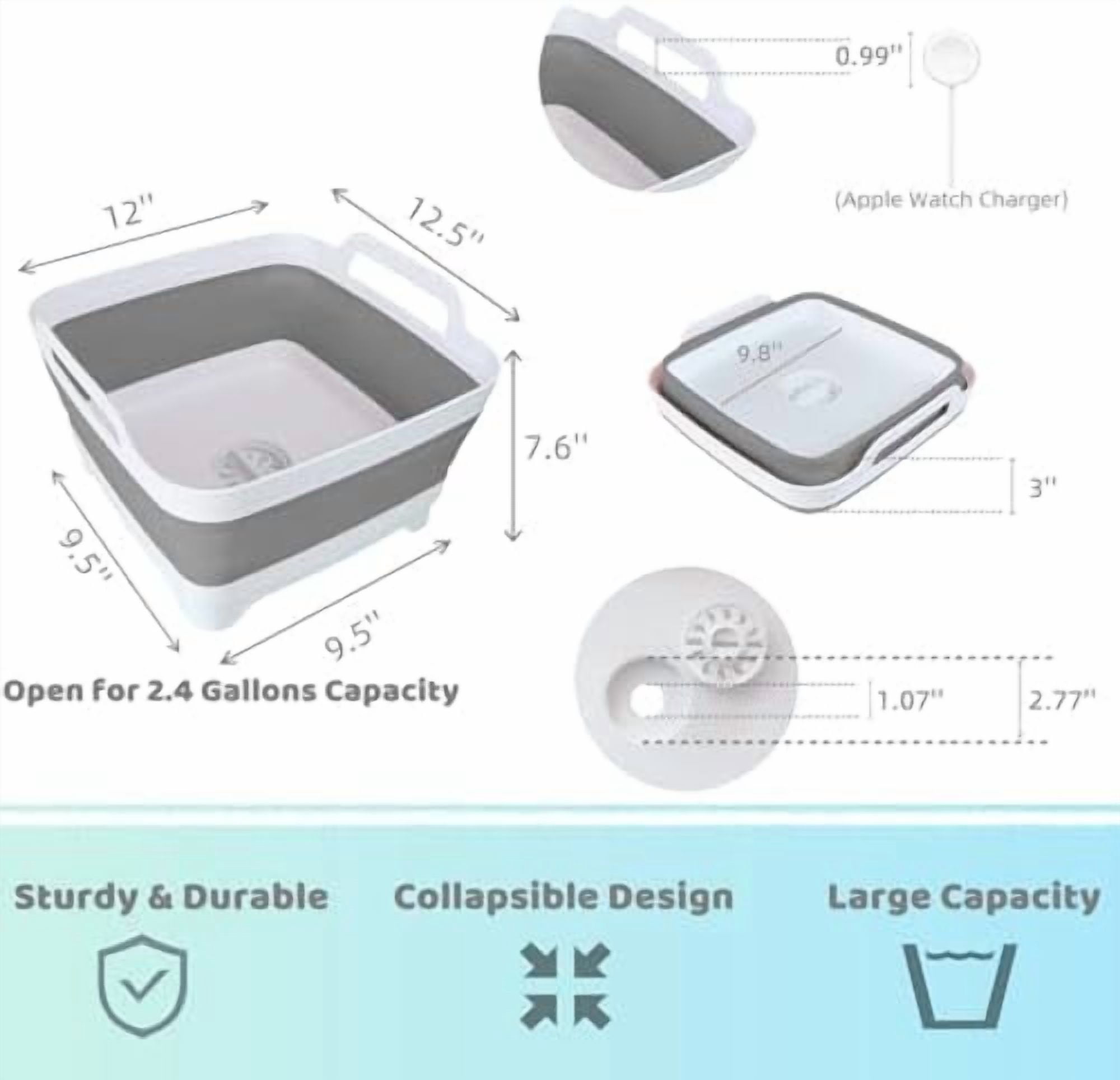 Collapsible Wash Basin with Drain Plug - 2.4 Gallon Foldable Kitchen Sink for Baby Bottles, RV Camping, Space-Saving Dish Tub (Gray)