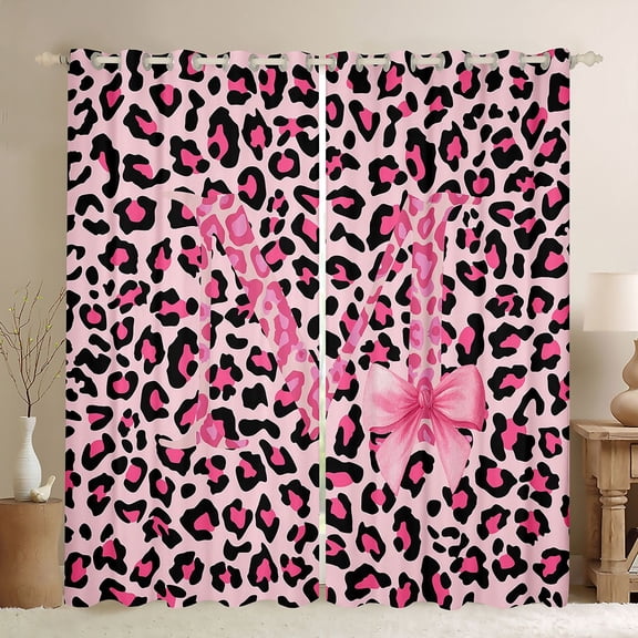 Homewish Cheetah Print Letter Black Out Curtains, Pink Bowknot Monogrammed M Curtains Pack of 2 (42x63 Each), Modern Fashion Style Bedroom Curtains, Curtains and Drapes Decor