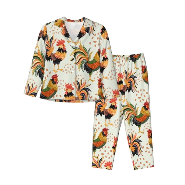 Fotbe Colorful Roosters Conjunto de Pijama de Manga Larga para Mujer con Estampado, Ropa de Dormir de 2 Piezas, Conjunto de Casa Suave y Cómodo con Bolsillos-X-Large