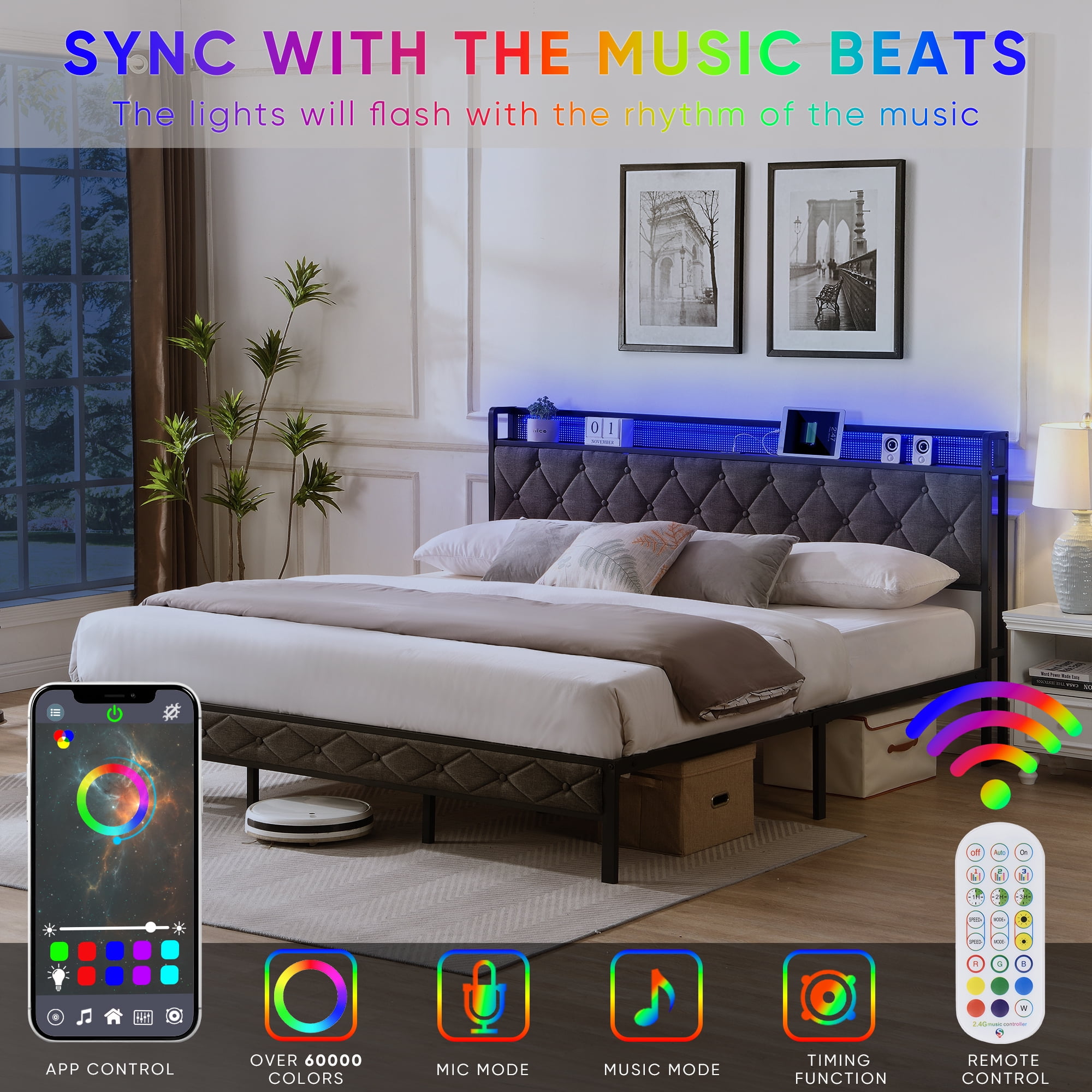 Miniyam King Size Upholstered Platform Bed Frame with 3 USB Ports & LED Lights for Adult, Light Gray