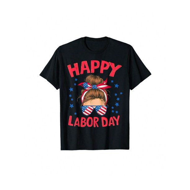 Happy Labor For Women Labor Messy Bun Usa Flag T-Shirt Birthday Gift For Women's Round Neck Short Sleeve T-Shirt Fashion Graphic Tees Women Top