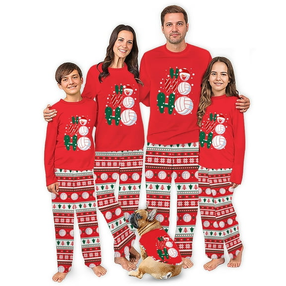 Family Matching Volleyball Themed Christmas Pajama Set, Festive Red with Holiday Volleyball Pattern and Pet Outfit