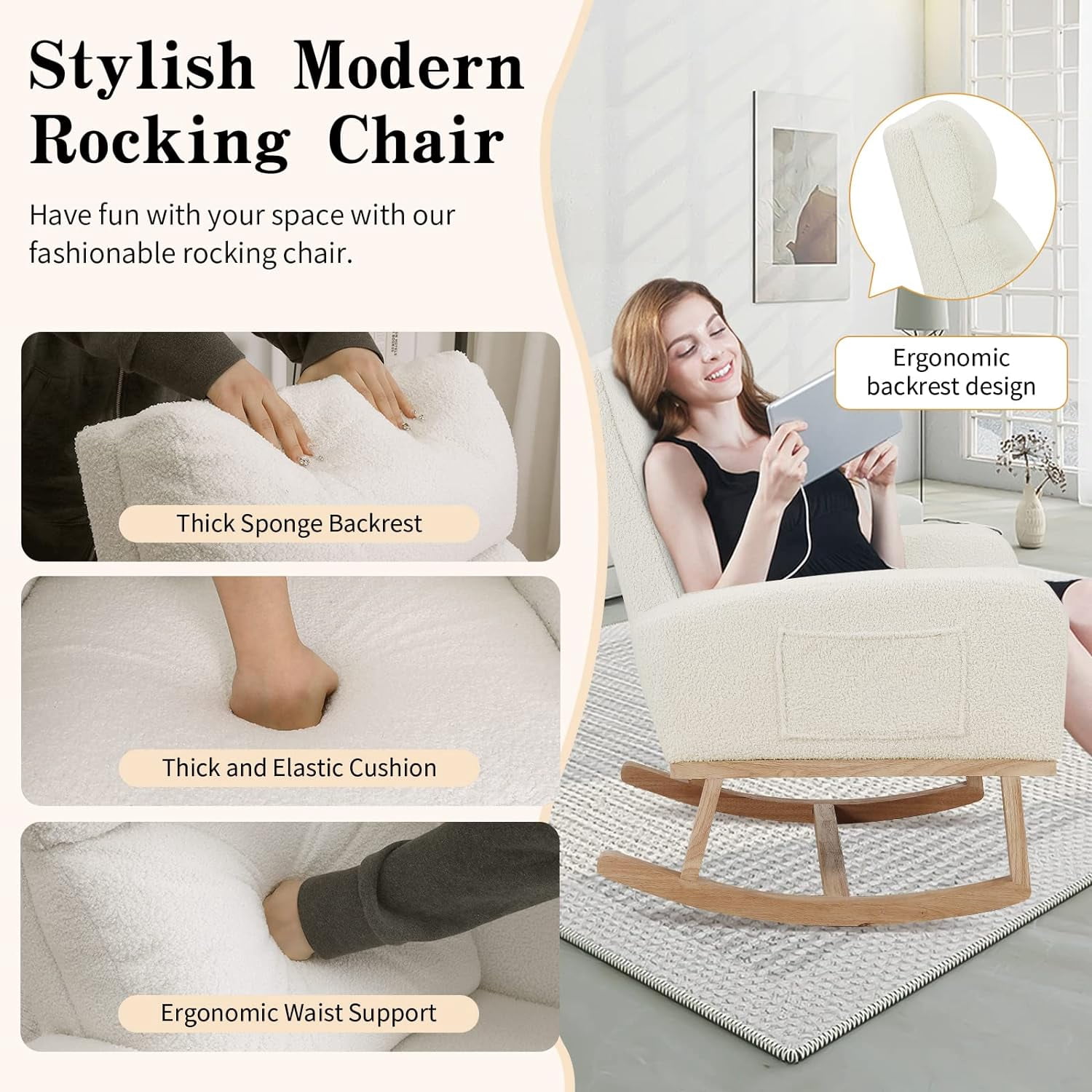 Rocking Chair Nursery, Sherpa Nursing Rocking Armchair for Mom Nursery Morden Rocker Chair with High Backrest for Living Room,Bedroom,Teddy White