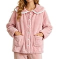 thumbnail image 2 of XRoczxe Women Fuzzy Fleece Button Front Sleep Jacket Lace Ruffle Peter Pan Collar Large Side Pockets Soft Warm Winter Loungewear Coat 7 Elegant Solid Colors, 2 of 5