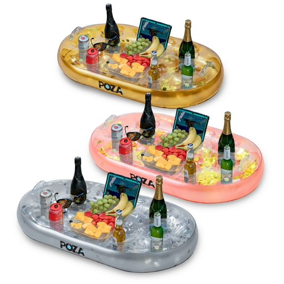 POZA Inflatable Floating Coolers - Luxurious Rose Gold, Gold, Silver Drink Holders filled with Sparkly Confetti, Serving Bar Party Floats with 8 Holders for Beach, Lake, Pool 39x23 Inches, Pack of 3