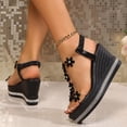 thumbnail image 4 of Rokment Glitter Crystal Flowers Platform Wedge Sandals for Women Sparkly Rhinestones Elegant Chunky High Heels Elastic Ankle Strap Bride Wedding Dress Summer Shoes Beach Black Size 6, 4 of 7