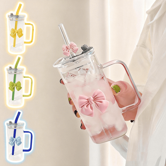 FastXmas 400ml Square Glass Cups with Lids and Straws, Heat Resistant Glass Tumbler with Handle Bow Knot Transparent Glass Cup for Water,Juice,Iced Coffee,Milk,Tea,for School Office Home