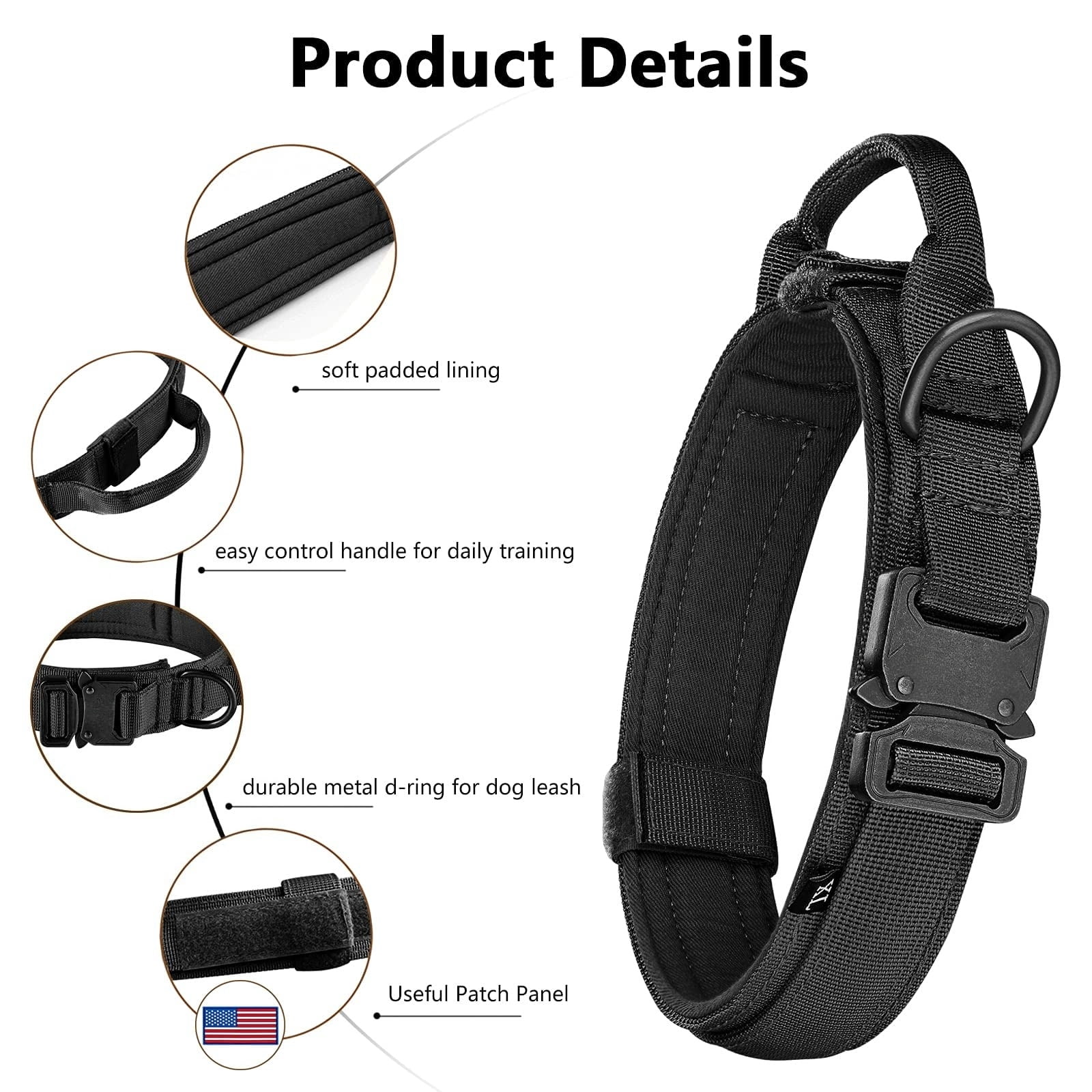 mirlewaiy Tactical Dog Collar Leash Set, Adjustable Military Training Nylon Dog Collar with Controll Handle and Heavy Metal Buckle for Medium and Large Dogs，with Patches and Airtags Case