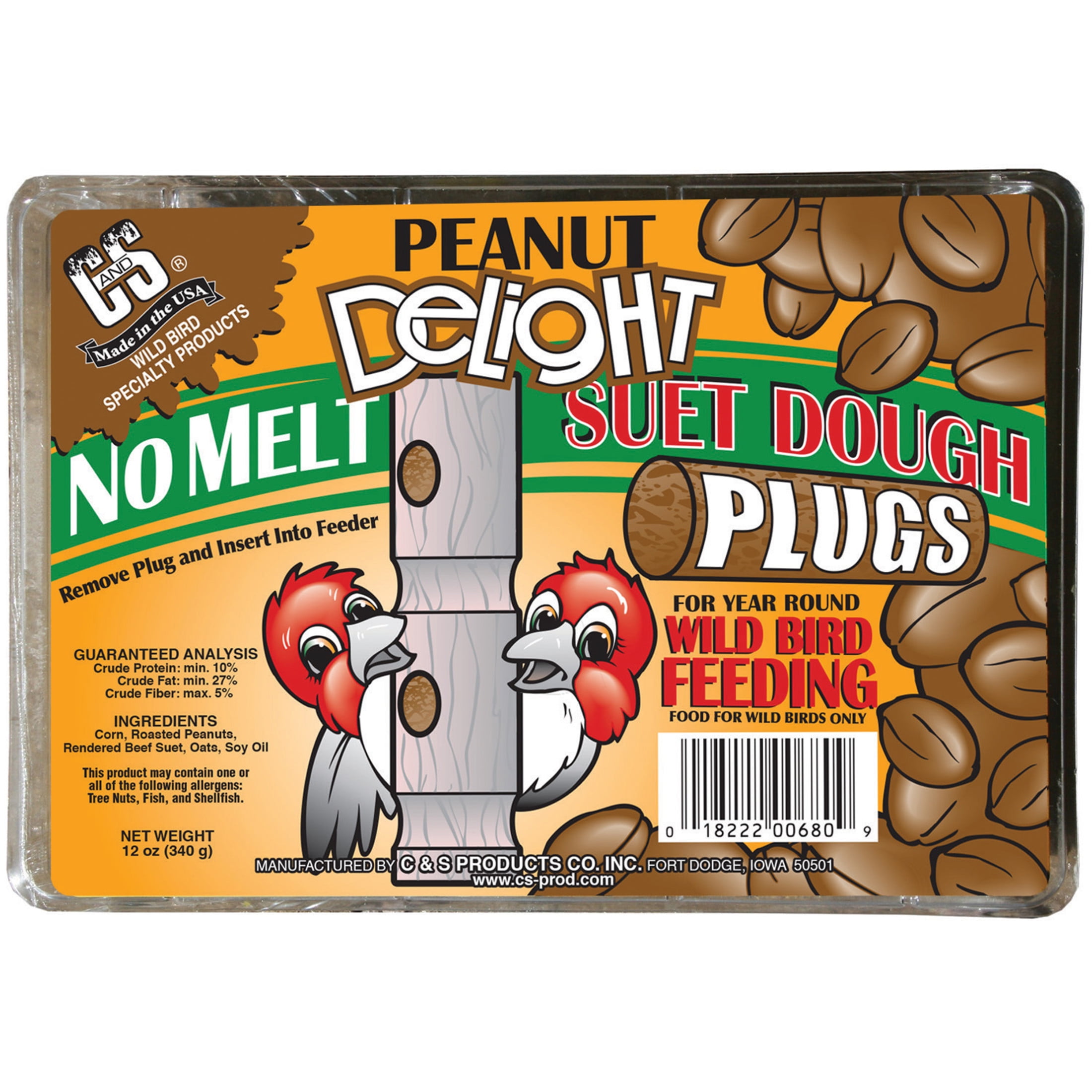 C & S Products Peanut Delight No-Melt Suet Dough Plugs, 12 oz, Wild Bird Food, Fresh, 1 Pack