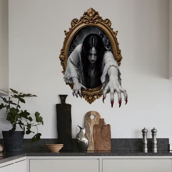 1pc Halloween Mirror Decal, Terrifying Female Ghost Wall Sticker, Removable PVC Horror Decor for Spooky Home Display, Perfect for Entryways or Living Rooms, 24×36in