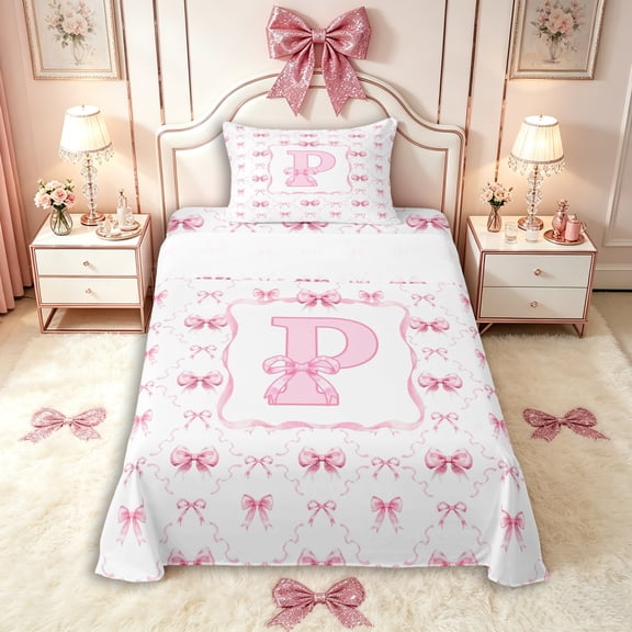 Manfei Romantic Shabby Chic P Personalized Initial Twin Sheet Sets 3pcs for Girls Teens,Kids Princess Style Bow Knot Plaid Bedding,Lightweight Room Decor