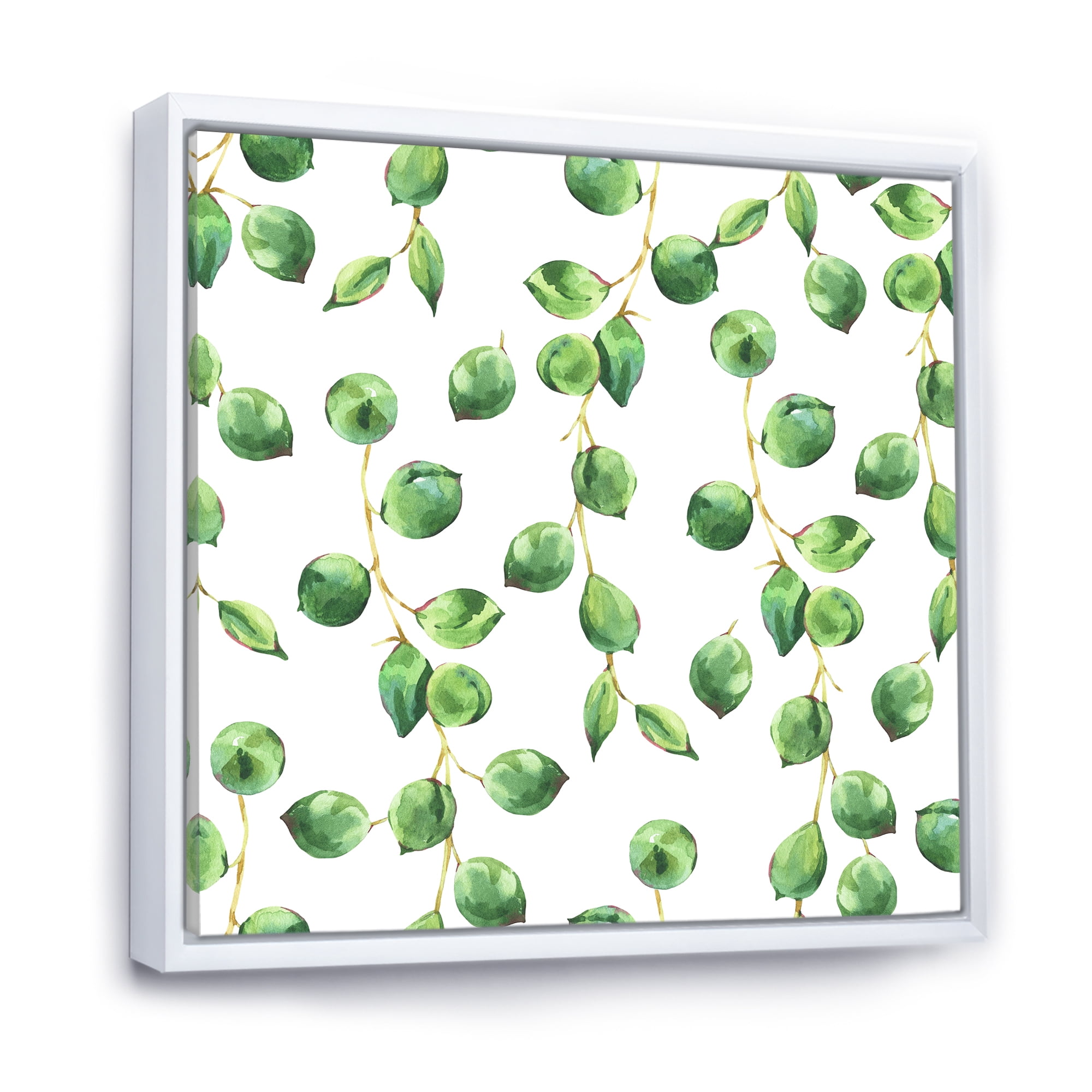 Designart 'Tropical Green Leaves Patern On White' Tropical Framed Canvas Wall Art Print