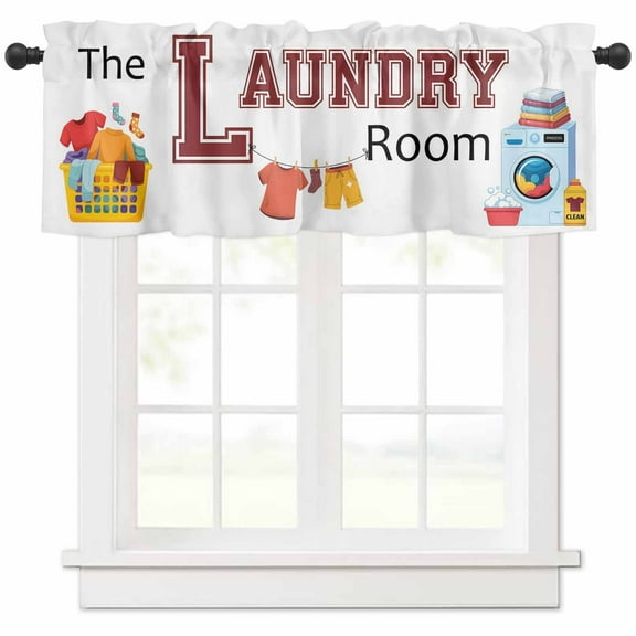 Laundry Room Valances for Windows Farmhouse Kitchen Curtains Valances Rod Pocket Valance Curtains for Kitchen Windows Cartoon Washday Washing Machine Clothes Window Valances for Bathroom 60"x18"
