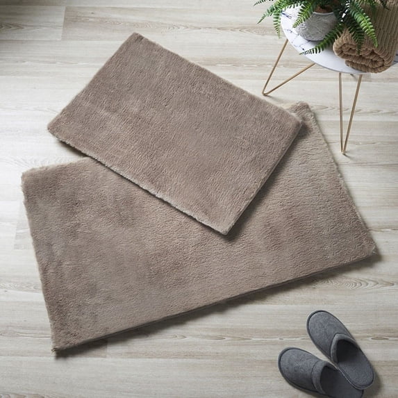 Taupe 2 Piece Ultra Soft Faux Rabbit Fur Non-Slip Absorbent Bathroom Bath Mat Set