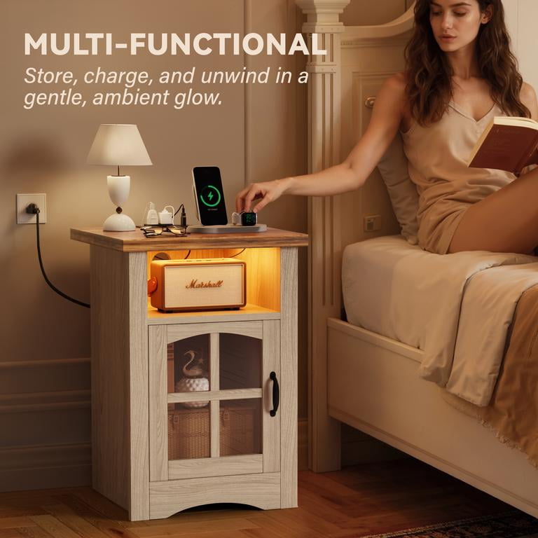 Homall Nightstand with Charging Station & Adjustable LED Lights, End Table Bedside Table with Glass Door & Open Shelf for Bedroom Living Room, Natural
