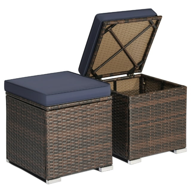 Patiojoy 2 Pieces Patio Ottoman Multipurpose Outdoor Wicker Footstool Storage Box Side Table w/ Solid Metal Frame Additional Seating w/ Removable Cushions Navy