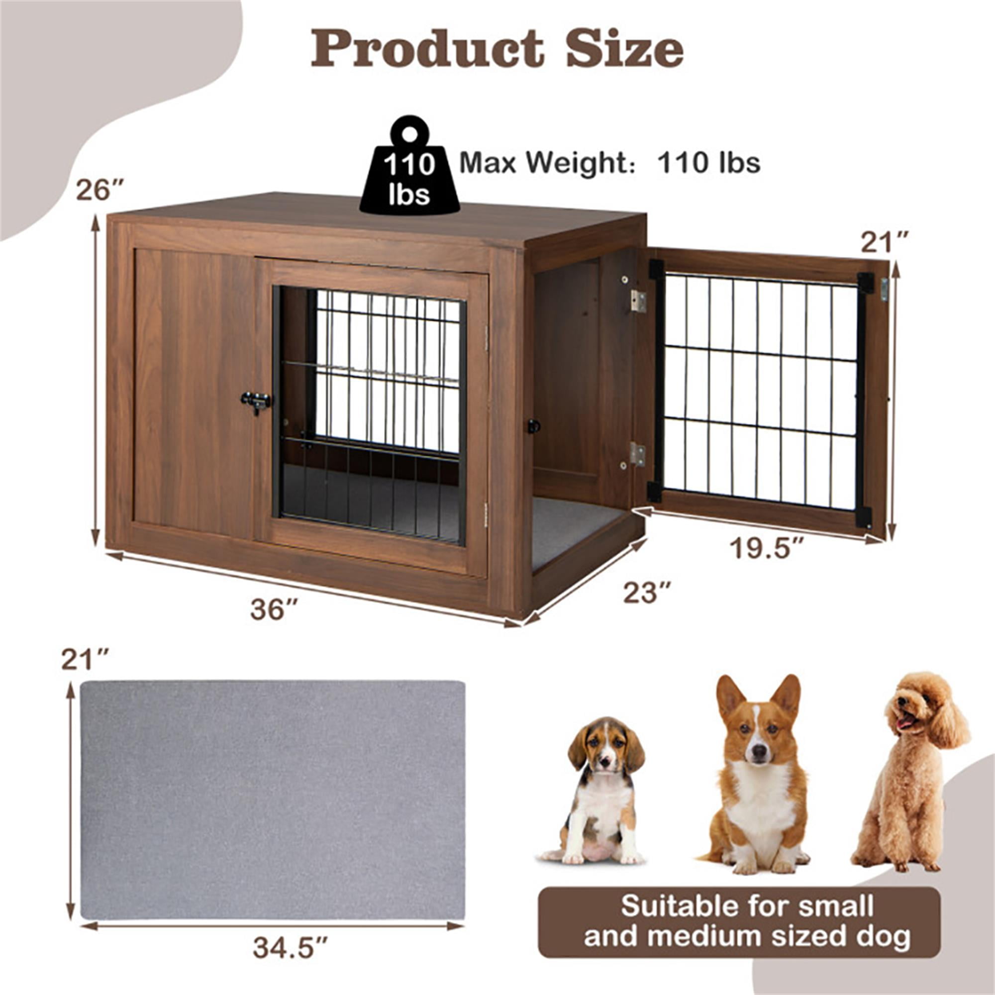 Kadyn 36" Wood Dog Crate Furniture with Door Lock and Cushion, Indoor Decorative Double Doors Dog Cage for Small Dogs, Brown