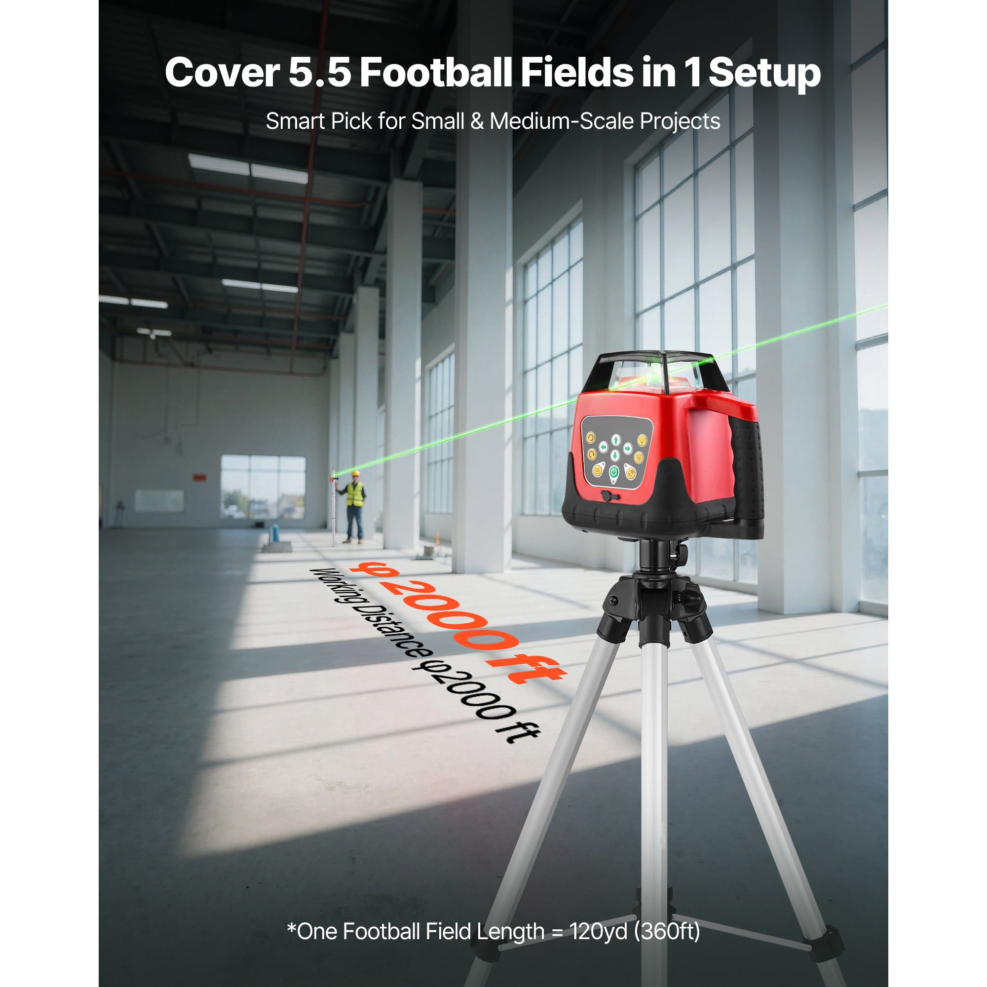 KFFKFF Rotary Laser Level Kit, 2000ft 360-Degree Self-Leveling Green Horizontal Laser with Tripod, Receiver, Remote, Scale, Carrying Case, IP66 Waterproof, 0.80in/100ft Accuracy