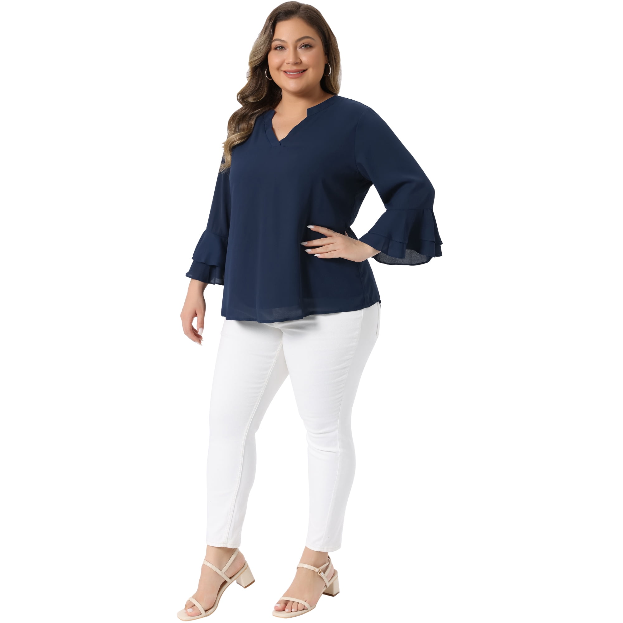 DARING DIVA Women's Plus 3/4 Bell Sleeve Notch Chiffon Tunic Shirts 2X Navy Blue