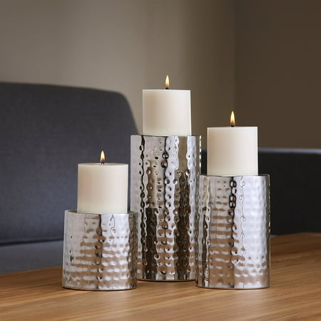Set Of Three Candle Holders Hosley Pillar Candle Holders SILVER FINISH SET OF 3, 7' 5' 3' High. Metal Ideal GIFT DECOR Wedding, Party, Home, SPA, Aromatherapy, Reiki, Votive, Tea Light, Candle garden Vase/Floral ()