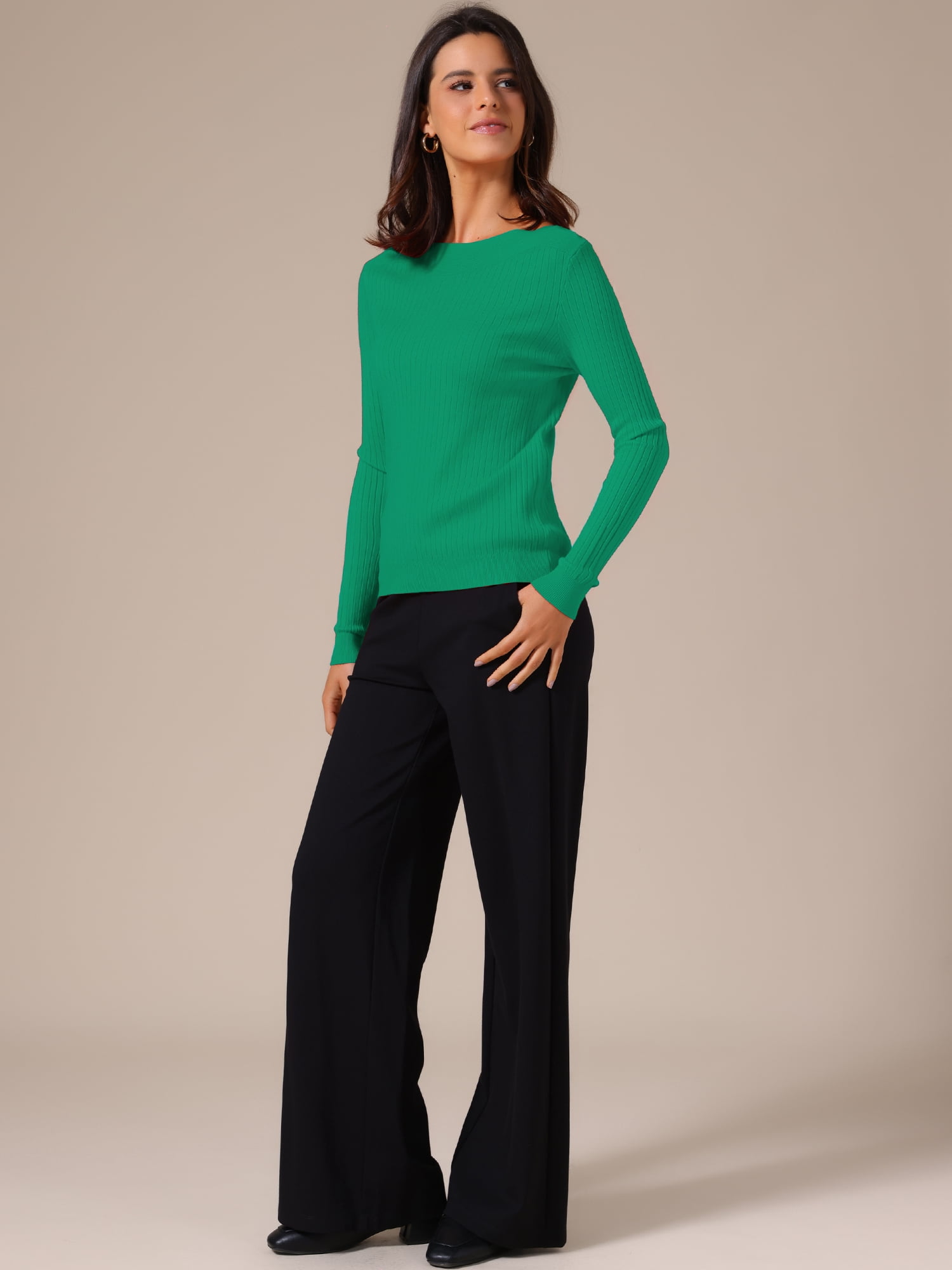 DARING DIVA Women's Boat Neck Long Sleeve Ribbed Sweaters S Green