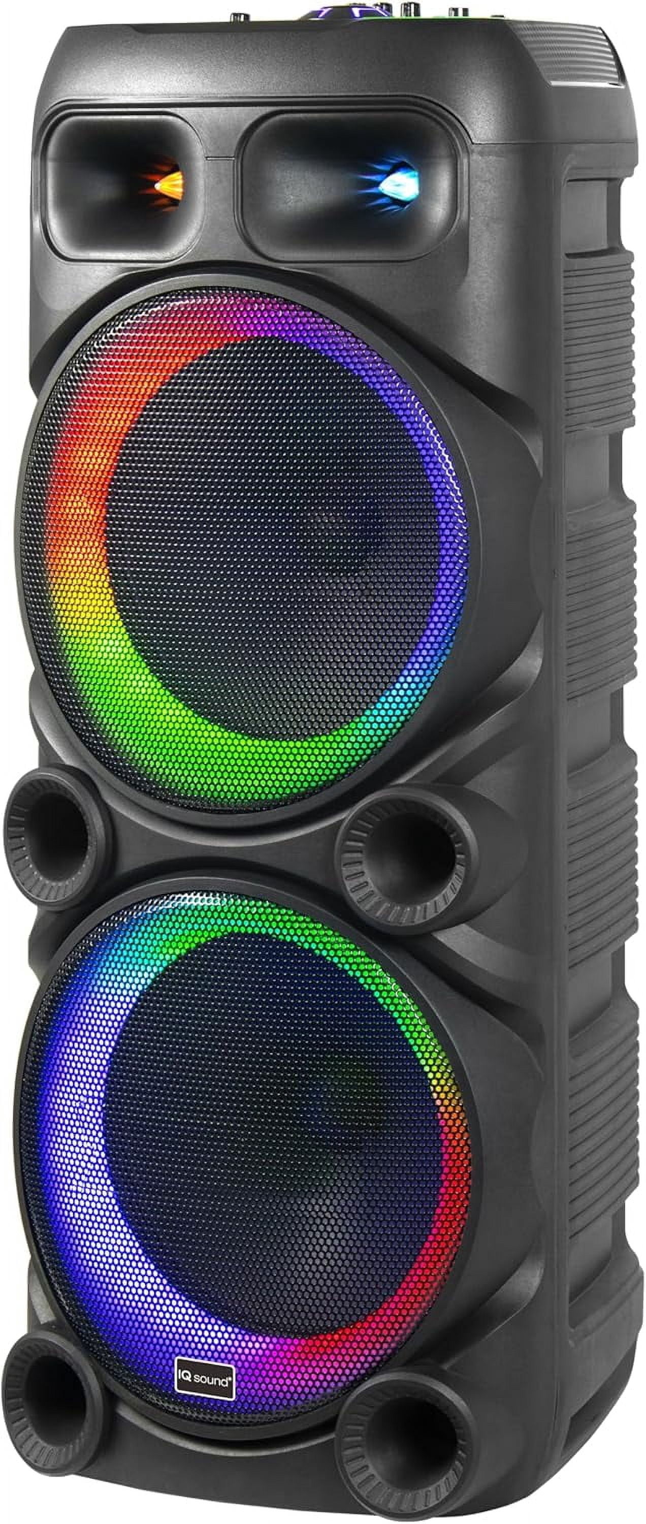 IQ Sound IQ-6512DJBT 2 X 12-inch Portable Bluetooth Speaker, w/TWS, LED Lights, 2 Wireless Mics, Guitar & Mic Inputs, US