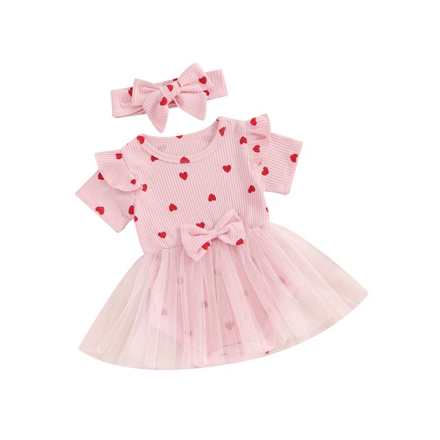 EYIIYE Robe Barboteuse pour Bébé Fille Saint-Valentin Nouveau-Né Manches Courtes Col Rond Combinaison Imprimé Cœur Patchwork en Tulle Body avec Bandeau Ensemble de Vêtements Princesse Décontracté Mignon pour Petite Fille