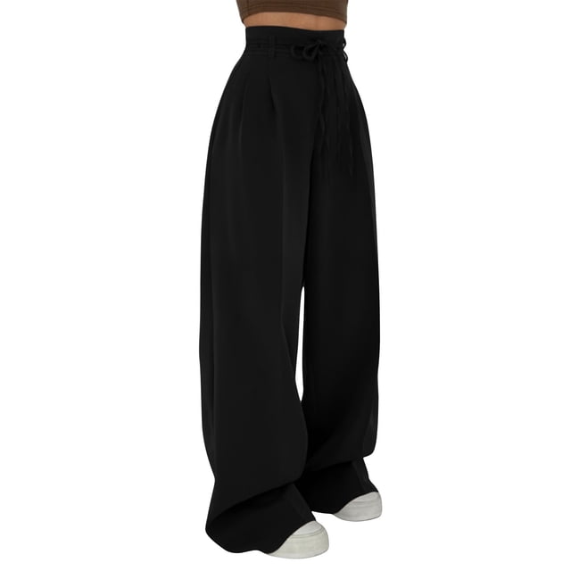 HAiming Womens Long Pants High Elastic Waist Drawstring Wide Leg Solid Color Casual Trousers Workout Active Joggers Pants