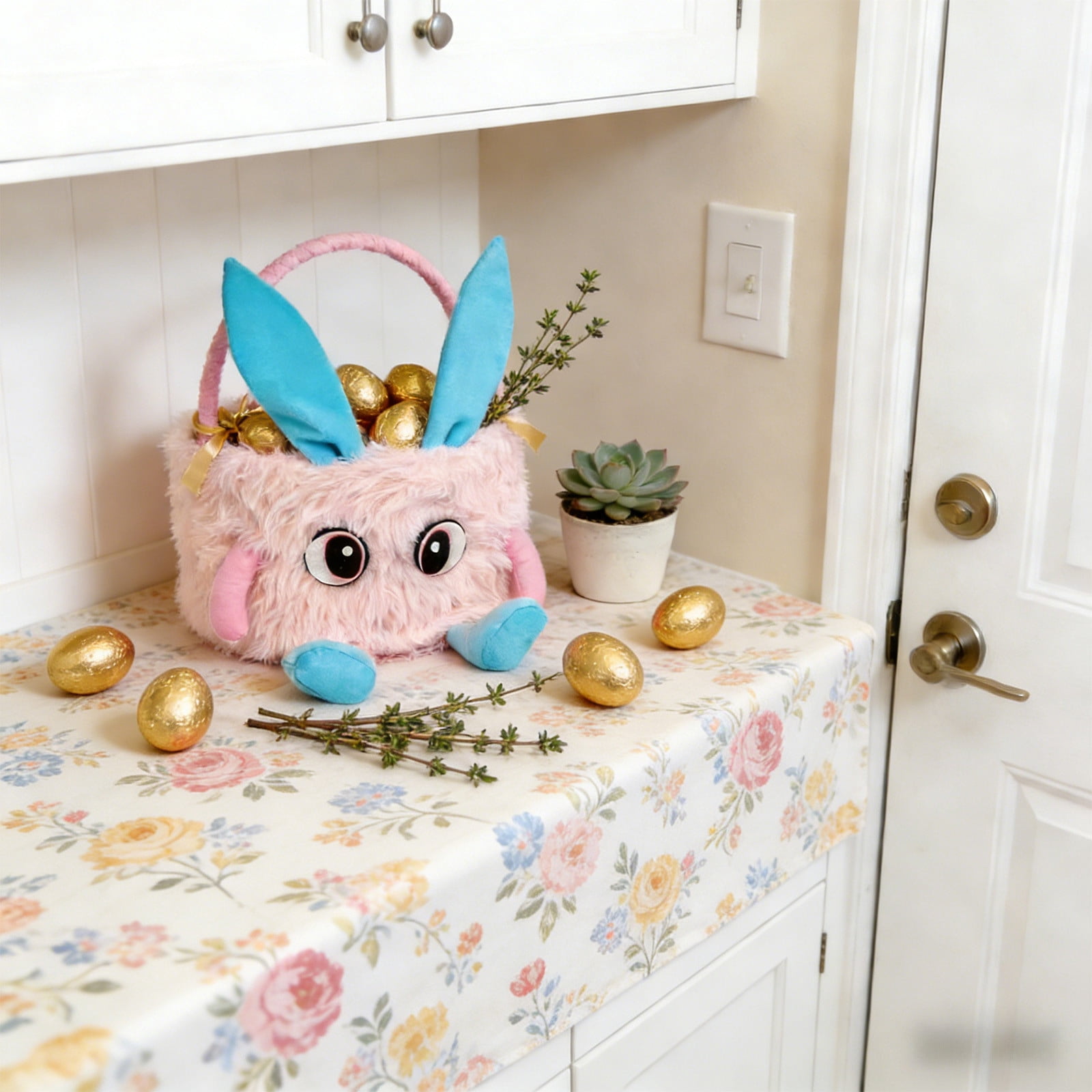 Kbndieu Plush Easter Basket, Cute Bunny Easter Baskets for Kids Boys Girls, Egg Hunting Easter Bucket with Rabbit Ears, Easter Tote Bags for Easter Decorations Candy Gifts Toy Storage